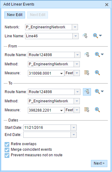 Add Linear Events with user-configured from and to methods and measures